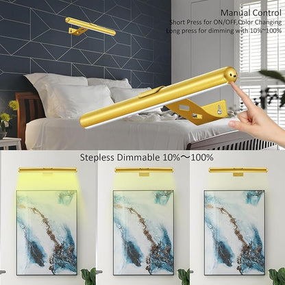 Wireless Picture Light Battery Operated,Rechargeable Painting Light with Remote Control, Metal Art Light Dimmable Display Lamp,3 Modes with Timer for Frame Dartboard Gallery,300LM, Gold