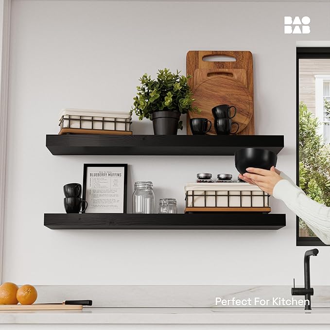 BAOBAB WORKSHOP Solid Wood Floating Shelves for Wall 30 Inches Long, Real Wooden Bathroom Shelf Large, Heavy Duty Wall Shelves Mounted Kitchen Bedroom, Black Shelf, 30W × 6.7D, Set of 2