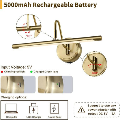 JOOSENLUX Battery Operated Picture Light Gold - Modern Wireless Picture Lights for Wall Dimmable 16.5inch Under Cabinet and Swing Arm for Canvas Sconce 3000K CRI95