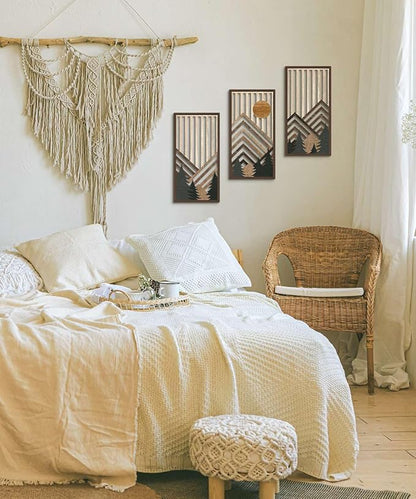 Putuo Decor Boho Mountain Wall Art Set of 3, Rustic Wooden Wall Decor, Nature-Inspired Geometric Artwork, Mid-Century Modern Aesthetic for Living Room, Bedroom, Office Brown 16.5 x 8.6 inch