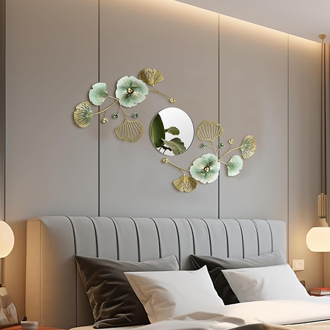 Tandefio 3 Pcs Metal Decorative Wall Mirrors for Living Room Metal Ginkgo Leaf Mirror Modern Creative Wall Decor Art Hanging Decor Mirror for Entrance Bedroom Living Room (Gold Green,16.inches)
