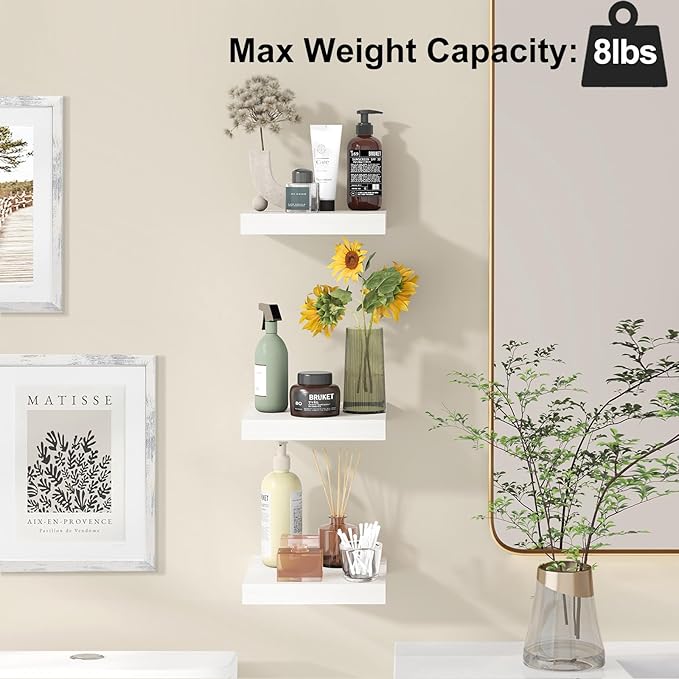 Fixwal 8inch Floating Shelves for Wall, Small White Shelves Wall Mounted Shelf for Bathroom, Living Room, Bedroom, Kitchen Decor (Set of 3, 8x8)