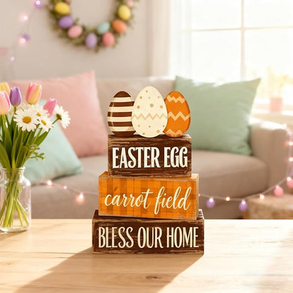 Easter Decorations - Easter Egg Carrot Field Tiered Tray Decor - Wooden Farmhouse Easter Tabletop Sign with Eggs & Carrot Theme - Rustic Spring Home Decor for Shelf Mantel Kitchen - Spring Home Decor for Living Room, Kitchen Counter