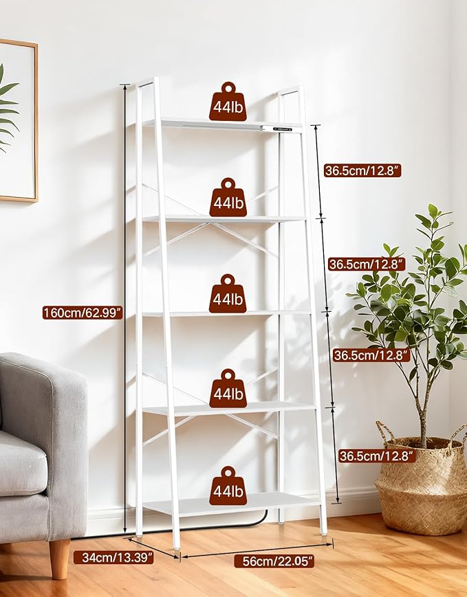5-Tier Wide Ladder Shelf with LED Lights, Touch & Remote Control, 3 Color Temperatures, Dimmable Tall Corner Standing Bookcase, Metal Wood Display Shelf for Living Room, Bedroom(White)