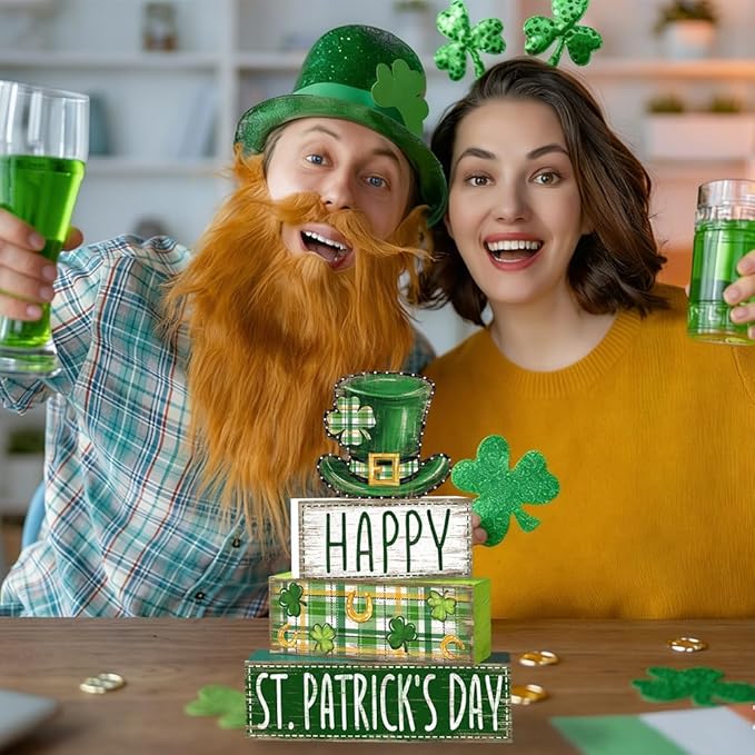 DIYDEC 4Pcs St.Patrick's Day Table Decoration Shamrocks Hat Wooden Block Signs Rustic St. Patrick Tiered Tray Decor Happy St.Patrick's Day Centerpiece Sign for Farmhouse Holiday Tabletop Party Decor