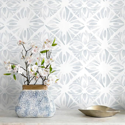 Blue Wallpaper Coastal Peel and Stick Wallpaper Boho 197"x17.3" Blue and White Wall Paper Geometric Contact Paper Textured Removable Vinyl Waterproof for Bathroom Bedroom Farmhouse Kitchen