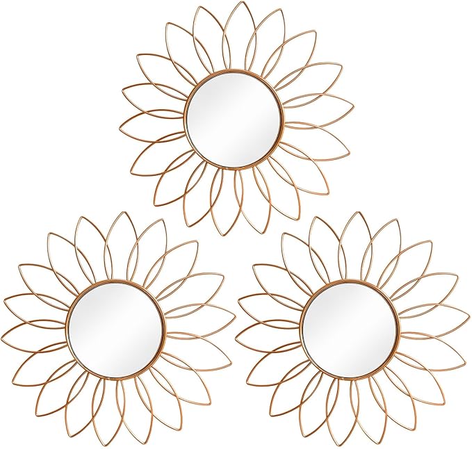 3 Pack Metal Mirrors for Wall Sunburst Wall Mirrors Home Décor Decorative Hanging Wall Art for Living Room Bedroom Entryway (Rose Gold2, Flowers)
