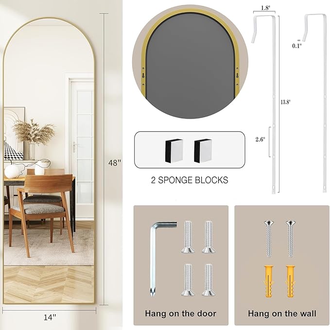 Arched Full Length Door Mirror 14x48, Metal Frame with Protective Film, No-Drilling Hanging or Wall Mount, Hooks & Hardware Included, Full Body Mirror for Bedroom, Dorm, Gold