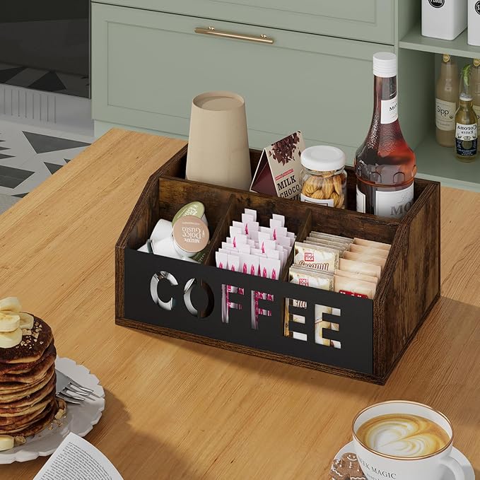 YINMIT Coffee Station Organizer for Countertop, Wood Coffee Bar Organizer with Removable Dividers for Pods, Syrup, Cups, Stirrer, Tea - Office Bar Accessories, Iron Sheet-Vintage Brown