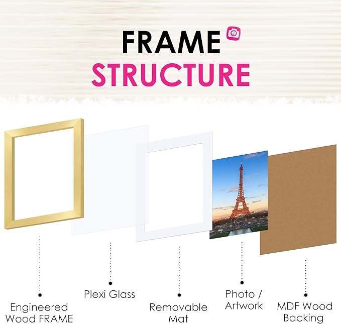 FIXSMITH 8x10 Picture Frame Bulk-4 Pack, Gold Picture Frames Collage Wall Decor, Wall & Tabletop Picture Frames, Photo Frame with HD Plexiglass, Display Pictures 5x7 with Mat or 8x10 Without Mat