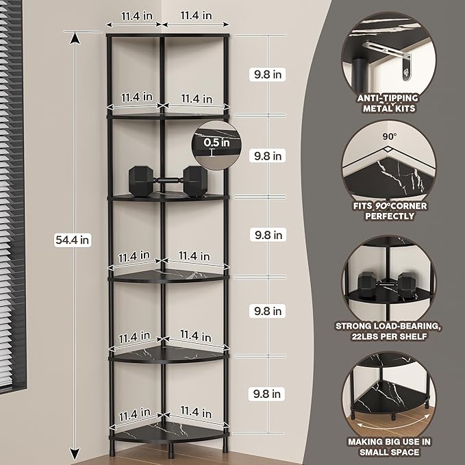 Book Shelf Corner Shelf, 6 Tier Corner Bookshelf Display for Living Room Decor, 54.4