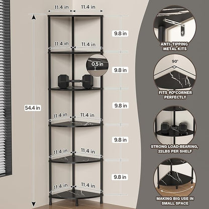 Book Shelf Corner Shelf, 6 Tier Corner Bookshelf Display for Living Room Decor, 54.4" Standing Shelves Bookcase Organizer, Marble Black Storage Shelves for Bedroom, Bathroom, Small Space