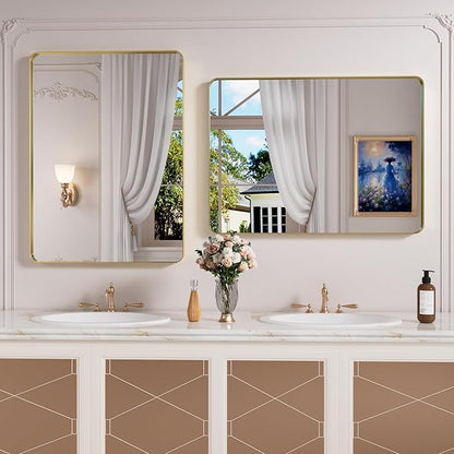 Gold Bathroom Mirror, 24x36 Inch Brushed Gold Metal Frame Mirror for Wall, Rounded Rectangle Bathroom Vanity Mirror, Tempered Glass, Anti-Rust, Horizontal/Vertical