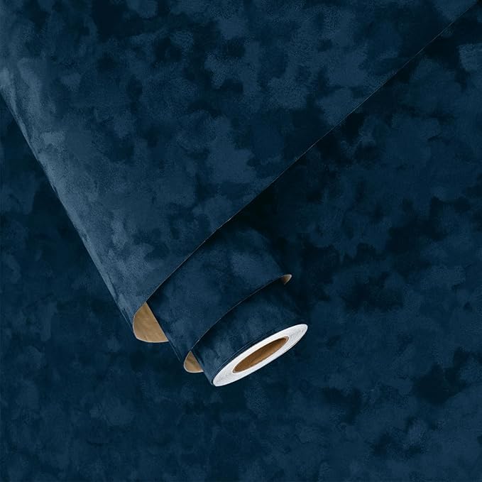 Wallercity Blue Velvet Fabric Wallpaper Peel and Stick Floral Blue Flocking Fabric Contact Paper for Walls Dresser Cabinets Self Adhesive Felt Wallpapers for Jewelry Box Shelf Backdrop 15.8''x78.7''