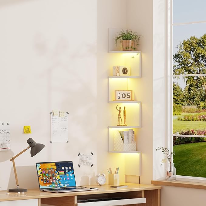 Corner Shelf Wall Mount with LED Light, 5 Tier Floating Corner Shelves, Plant Shelf for Bedroom, Floating Shelves for Wall, Display Stand for Living Room, Bathroom, Home Office, White