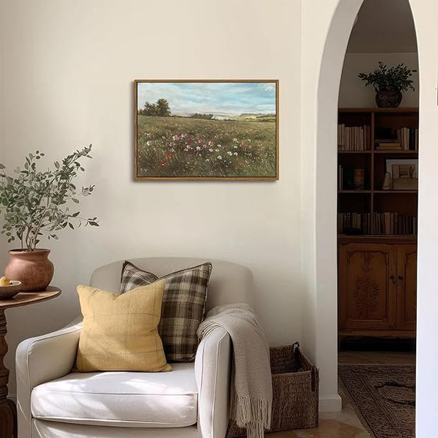 OIQArtOIQ Vintage Landscape Framed Wall Art Summer Countryside Wildflower Canvas Art Prints Farmhouse Cottagecore Pictures Wall Decor Rustic Meadow Paintings Artwork For Kitchen Bedroom Living Room