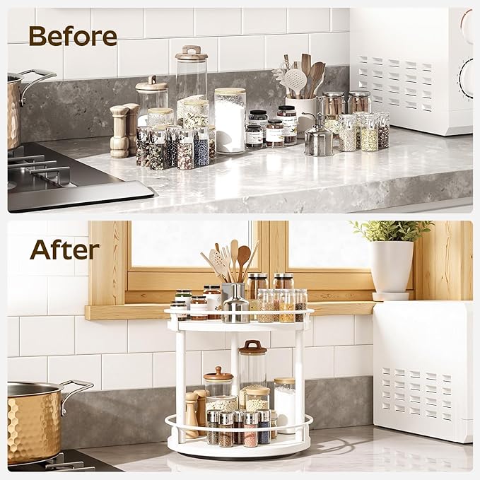 Spice Rack, Set of 2 Lazy Susan Organizer, 2-Tier Turntable Organizer For Cabinet, Compact and Versatile, for Kitchen Countertop, White SR22L2WW