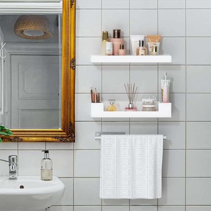 HIIMIEI Bathroom Shelves Wall Mounted: White Floating Shelf with Hand Towel Bar, 14.9in Acrylic Hanging Shelves Over Toilet, Set of 3 Bathroom Organizers Rack for Skin Care, Perfume, Lotion Storage
