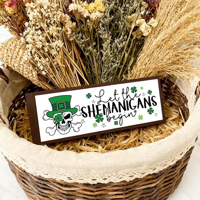 Funny St Patricks Day Decor, Skeleton Man Sign, Shamrock Decor, St Patricks Day Decoration for Home Office Coffee Bar Club, Farmhouse Framed Plaque Signs, 9.5x3.1x1 inches