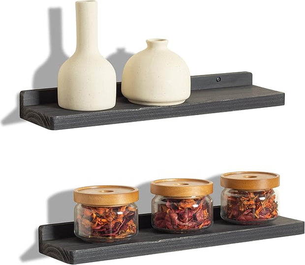 Freezing point Floating Shelves for Wall Set of 2 Natural Wood 16Inch Wall Shelf Decor Plant Display Collectibles Mounted Kitchen Bathroom Bedroom Corner Decorative Storage Stand Black