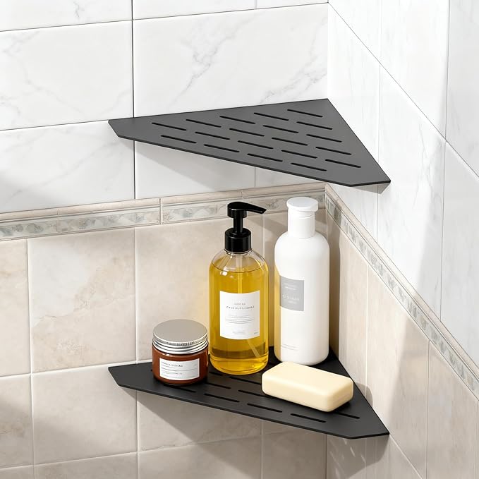 BWE 10" Corner Shower Shelves, 304 Stainless Steel Floating Corner Sheves for Wall, Heavy Duty Recessed Bathroom Shower Shelves Slot Design for Tiled Wall, No Drilling Needed 2 Pack Matte Black