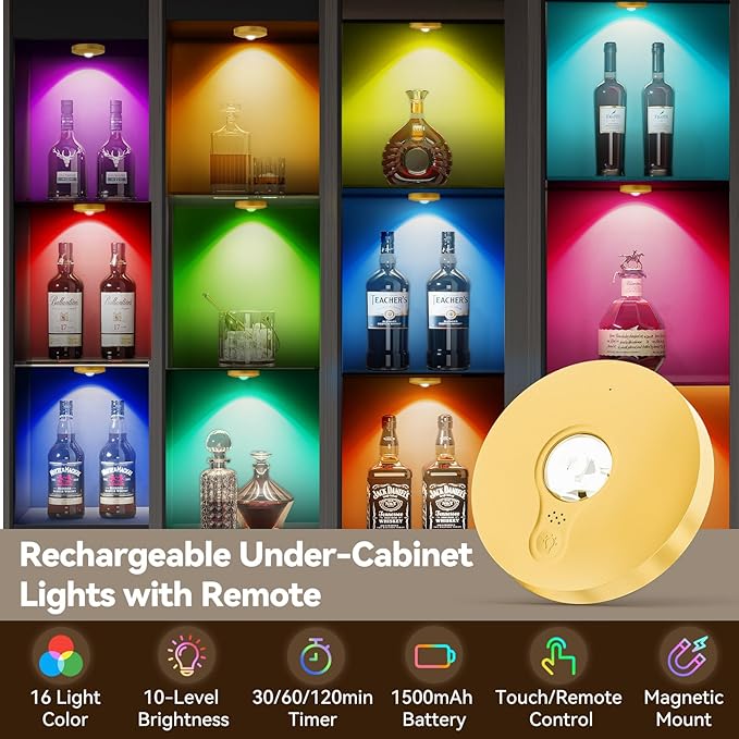 Rechargeable Puck Lights with Remote, 3 Pack Magnetic Under Cabinet Lighting, 1500mAh Battery Operated LED Tap Lights with Dimmer & Timmer for Kitchen, Closet, Shelf - 3 Color Temps & 12 RGB, Gold