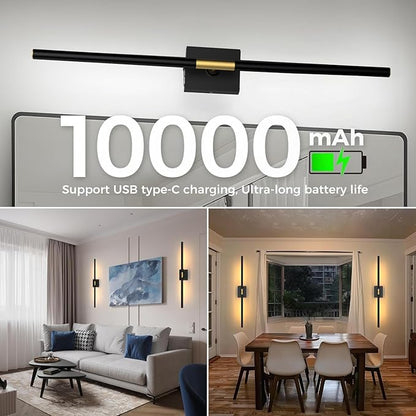Wall Sconce Battery Operated Wall Light: 10000mAh Wireless Wall Sconces with Remote Control, 360° Rotate Rechargeable Wall Scone for Bedroom Living Room Bathroom Hallway, 31.5 Inch, Black