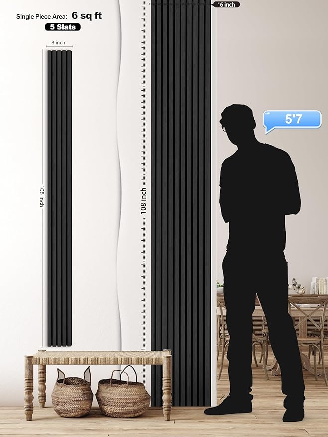 Mollywell Wood Slat Wall Panels - Time-Saving Installation Soundproof Slat Panels on Any Wall Surface, 0.95 NRC Dual-Layer Acoustic Design, Commercial-Grade MDF Core (2 Pack, 108x8in, Black Oak)
