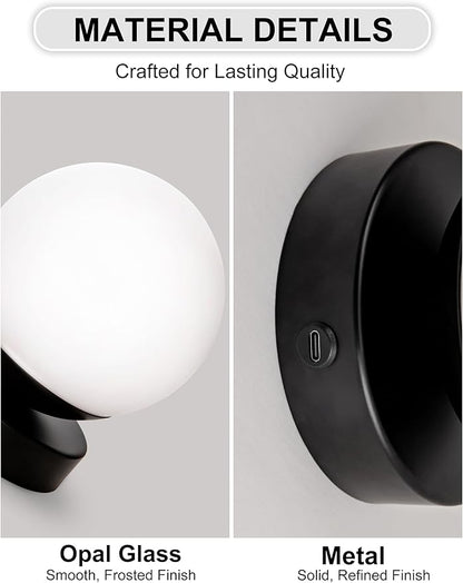 Battery Operated Rechargeable Wall Sconce Single, Matte Black Opal Glass Globe Wall Lamp, Wireless Touch & Remote Control, Dimmable 3 CCT + 12 RGB Colors for Bedroom Living Room Hallway