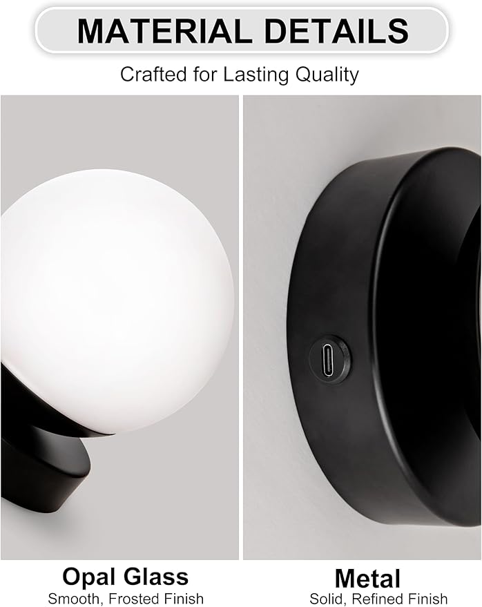 Battery Operated Rechargeable Wall Sconce Single, Matte Black Opal Glass Globe Wall Lamp, Wireless Touch & Remote Control, Dimmable 3 CCT + 12 RGB Colors for Bedroom Living Room Hallway