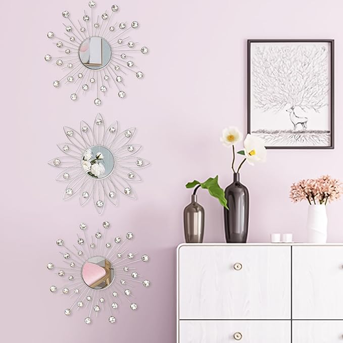 Uaussi 3 Pack Crystal Sunburst Wall Mirror Décor Rhinestone Mirrors Decorative Home Wall Art for Living Room Bedroom Entryway(Flower+Sunburst Silver)