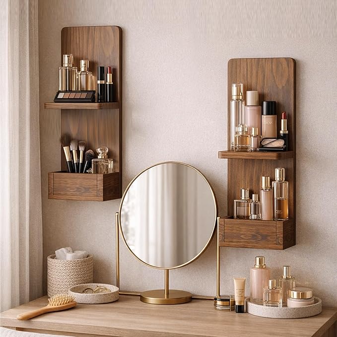 2-Tier Walnut Floating Wall Shelf, 20x8x6 Wall-Mounted Wooden Beside Shelf/Nightstand for Home Décor, Plants, Cosmetics, Bathroom, Kitchen, Bedroom Storage (Walnut with Box)