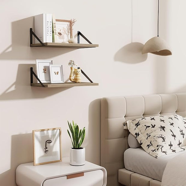 Floating Shelves for Wall,18" Wall Mounted Shelves Set of 2,Wood Floating Shelf with Bracket,Sturdy Metal Bracket Bookshelves Home Decor Storage for Living Room,Bedroom,Bathroom,Kitchen,Grey