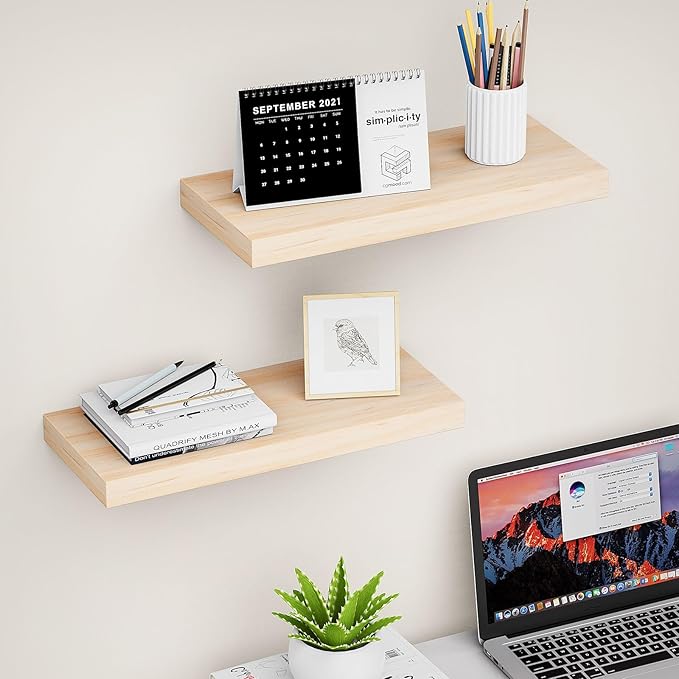 Floating Shelves (Set of 2) – Wall Mounted Shelves for Home Décor and Storage, Natural Pine Wood, Suitable for Living Room and Bedroom (Unfinished, 15.7