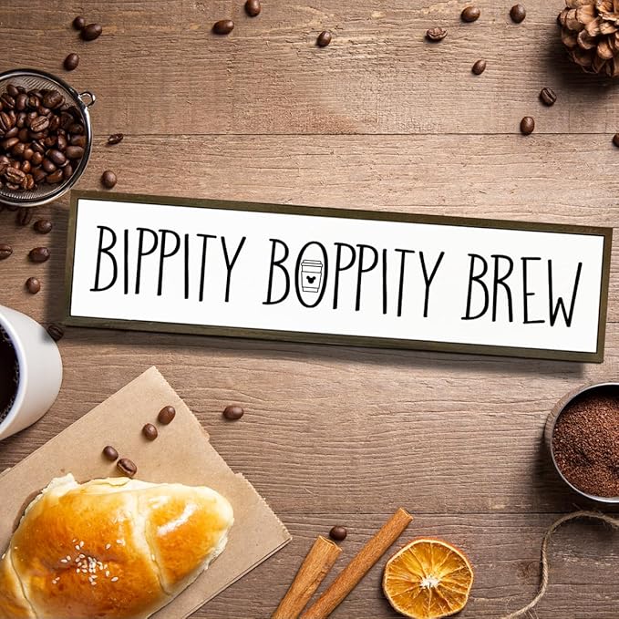 Coffee Wood Sign, Cute Coffees Decoration, Country Farmhouse Decor for Home Kitchen, Wooden Hanging Signs, Rustic Coffee Station Decor, Coffees Lover Gift, Bippity Boppity Brew Sign, 17.8x4x1.2 inches
