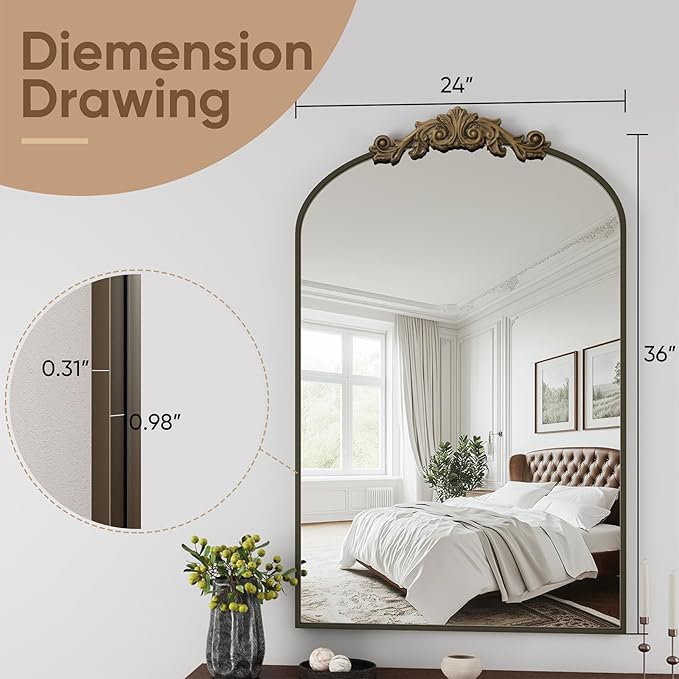Vintage Wall Mirror, 24"x36" Arched Mirror for Vanity, Antique Decorative Mirrors with Carved Metal Frame for Bedroom, Living Room, Entryway, Fireplace, Hallway, Bronze