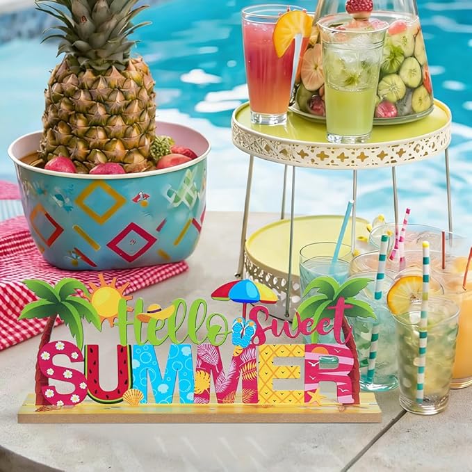 MEETYAMOR Summer Decor, Wood Metal Hello Sweet Summer Sign for Table Decor, Farmhouse Rustic Summer Decorations for Home, Office, Living Room, Kitchen, Mantel, Shelf