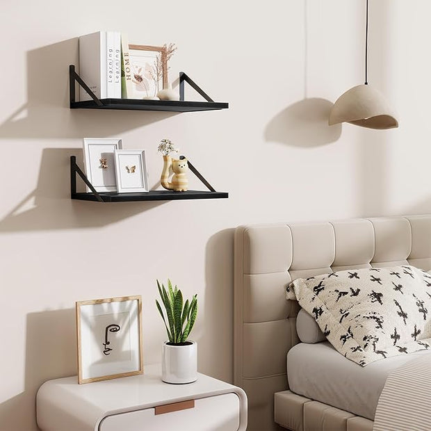 Floating Shelves for Wall,18" Wall Mounted Shelves Set of 2,Wood Floating Shelf with Bracket,Sturdy Metal Bracket Bookshelves Home Decor Storage for Living Room,Bedroom,Bathroom,Kitchen,Black