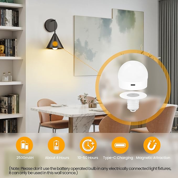 Rechargeable Wall Sconce, Black Wireless Battery Operated Wall Lamp with Remote, Dimmable & Timer, Modern Industrial Indoor Light Fixture, Bulb Included
