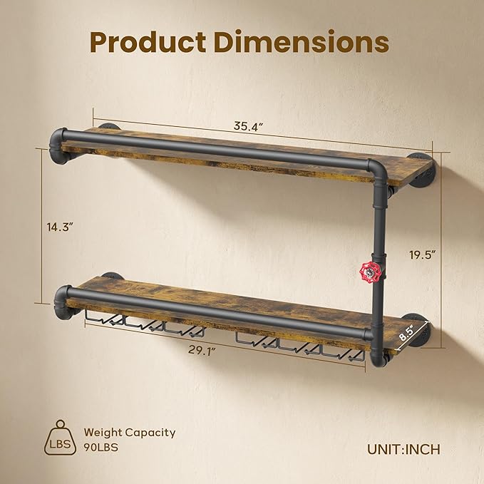 Merapi Industrial Wall Mounted Wine Rack - 2 Tier Floating Bar Shelf with Integrated Dual Glass Holder, Rustic Pipe Design Liquor Storage for Kitchen, Heavy Duty Metal & Wood Construction