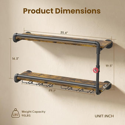 Merapi Industrial Wall Mounted Wine Rack - 2 Tier Floating Bar Shelf with Integrated Dual Glass Holder, Rustic Pipe Design Liquor Storage for Kitchen, Heavy Duty Metal & Wood Construction