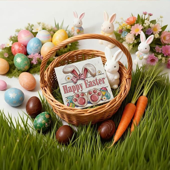Easter Tiered Tray Decor Happy Easter Bunny Wooden Box Sign, Rustic Farmhouse Spring Desk Tabletop Decoration, Easter Shelf Plaque for Home Living Room Kitchen