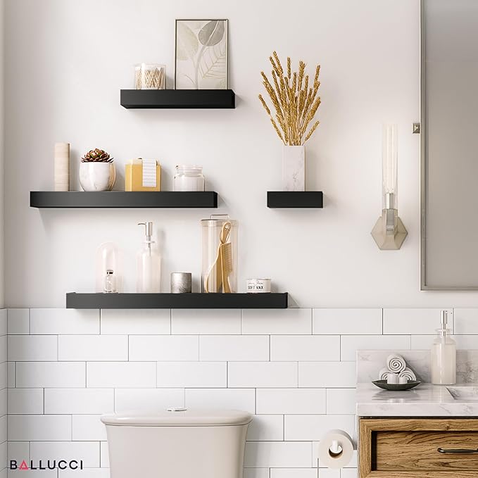 Ballucci Modern Ledge Wall Shelves, Set of 4 Wood Floating Shelves for Bedroom, Bathroom, Living Room, Kitchen, Nursery, Black