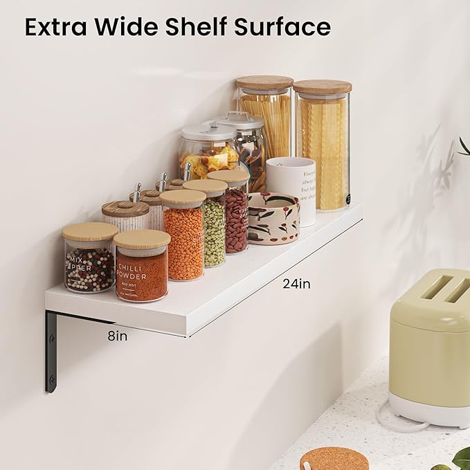 Marsmiles Extra Wide Floating Shelves for Wall, 24x8 Inch Natural Wood Grain Bookshelves, Heavy Duty Mounted Shelving for Bathroom, Kitchen, Living Room, Bedroom,Set of 2，White