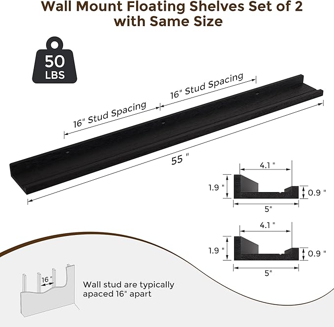 RICHFOCUS Floating Shelves for Wall, 55 inch Solid Wood Picture Ledge Shelf for Wall Storage, Nursery Book Shelves with Lip for Living Room Bathroom Bedroom Kitchen, Set of 2, Distressed Black