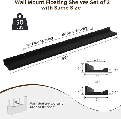 RICHFOCUS Floating Shelves for Wall, 55 inch Solid Wood Picture Ledge Shelf for Wall Storage, Nursery Book Shelves with Lip for Living Room Bathroom Bedroom Kitchen, Set of 2, Distressed Black