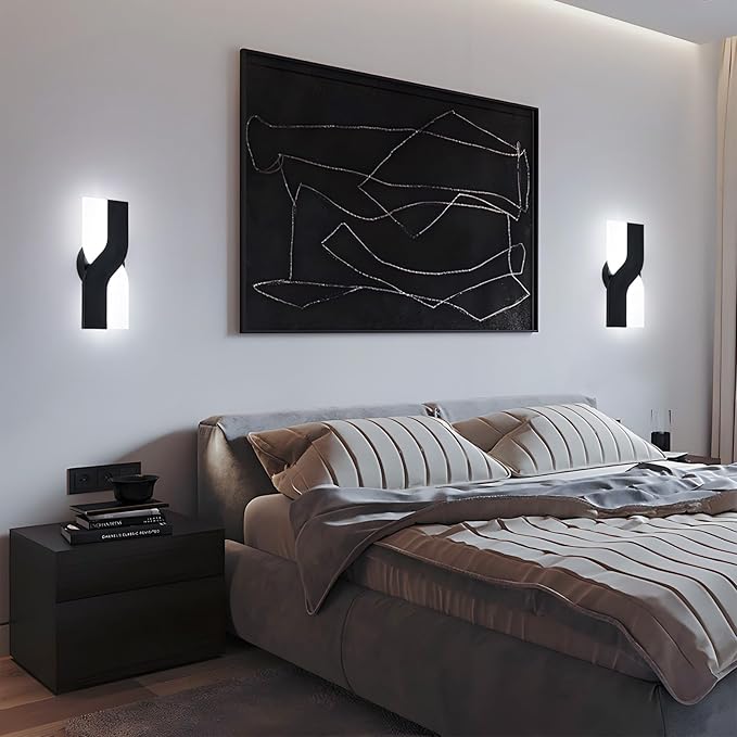 Modern LED Wall Sconce, Black Indoor Wall Light Fixtures Set of 2, 8W Acrylic Wall Mounted Lamp, 6000K Cold White Wall Sconces Lighting for Hallway, Bedroom, Stairway, Corridor, Bathroom