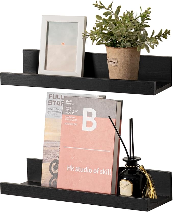 Muzilife 16" Floating Wall Ledge Shelves with Lip - Set of 2 Wood Floating Shelves - Black Wall Mounted Picture Ledge for Office, Bathroom, Bedroom, Living Room, Kitchen