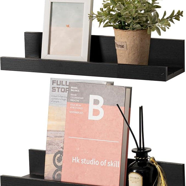 Muzilife 16" Floating Wall Ledge Shelves with Lip - Set of 2 Wood Floating Shelves - Black Wall Mounted Picture Ledge for Office, Bathroom, Bedroom, Living Room, Kitchen
