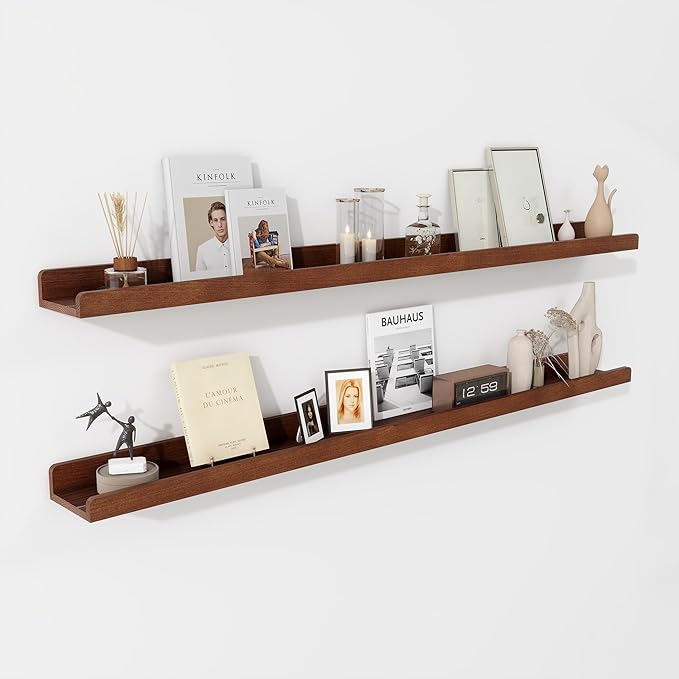 48 Inch Floating Shelves for Wall - Wood Picture Ledge Shelf Set of 2 - Dark Wood Wall Shelves with Lip - Walnut Picture Shelf Photo Ledge
